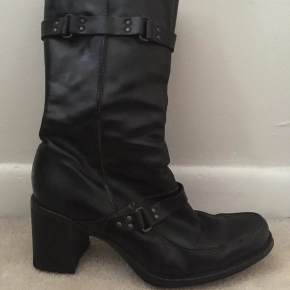 90's Boots Size 7.5 Black Leather Western Biker Apparel Wood Heel Women Indigo - Picture 2 of 9